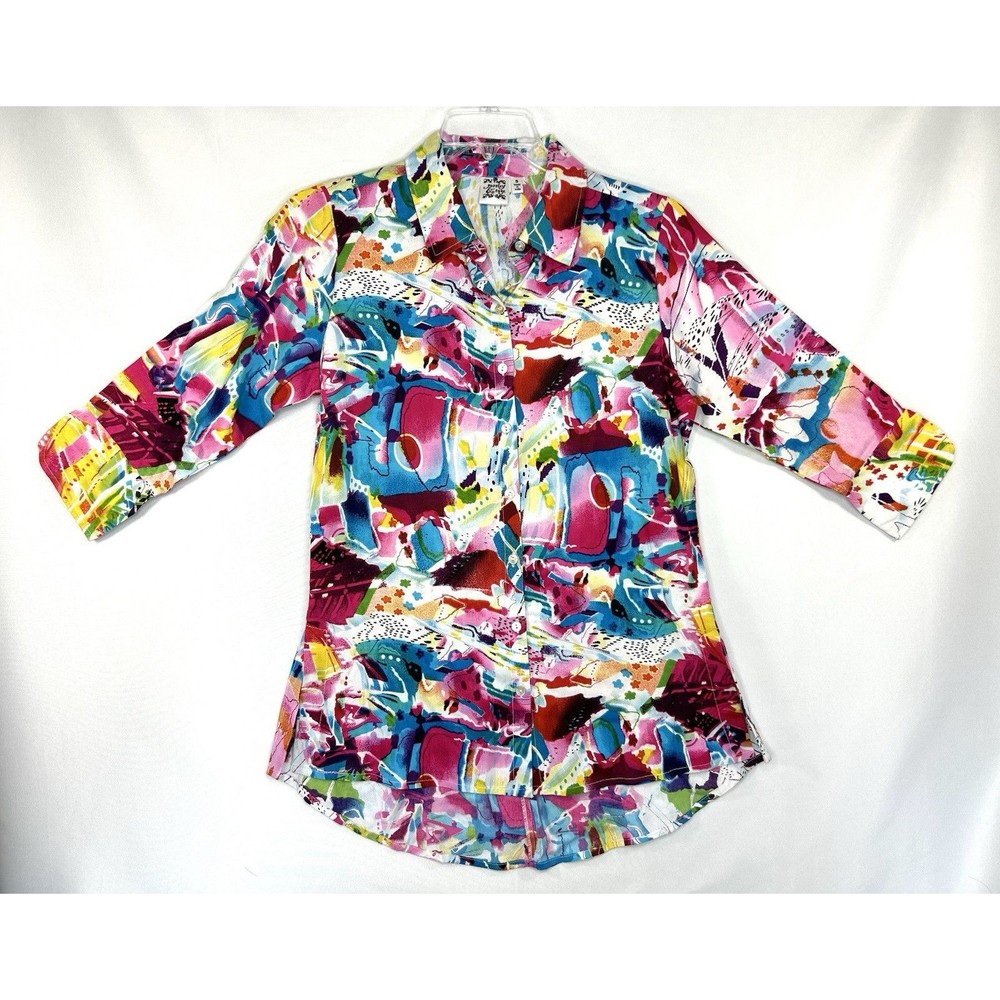 Parsley & Sage Artsy Abstract Watercolor Sz S Button Up 3/4 Sleeve Blouse Top